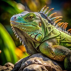 Obraz premium Iguana Sunbathing on Rocks A green iguana basking in the sun on a rocky outcrop, its scaly skin glistening and eyes half-closed in relaxation.