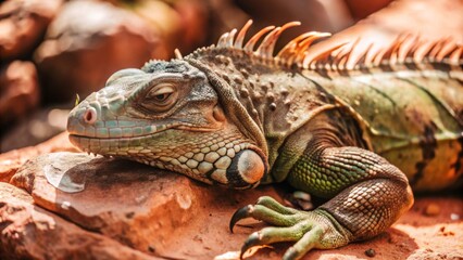 Obraz premium Iguana Sunbathing on Rocks A green iguana basking in the sun on a rocky outcrop, its scaly skin glistening and eyes half-closed in relaxation.