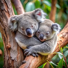 Obraz premium Koalas Sleeping in Eucalyptus Trees A pair of koalas nestled comfortably in the branches of a eucalyptus tree, their soft gray fur blending with the bark.