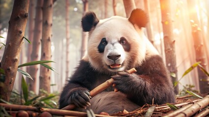 Obraz premium Panda Eating Bamboo in a Forest A giant panda munching on bamboo in a misty forest, surrounded by tall green bamboo stalks and lush undergrowth.