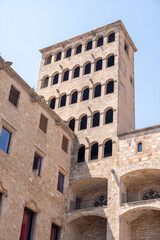 Buildings of the old Grand Royal Palace in the Gothic Quarter of Barcelona.