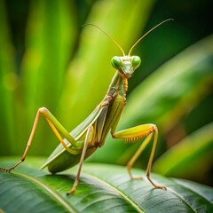  Praying Mantis on a Leaf A praying mantis sitting still on a large green leaf, its front legs raised and ready to strike.