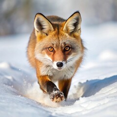 Obraz premium Red Fox Hunting in the Snow A red fox pouncing through the snow in search of small prey, with its sharp ears and quick reflexes on full display.