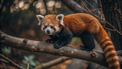 Red Panda Climbing a Tree A red panda balancing on a thin tree branch, its bushy tail wrapped around the branch for support.