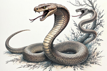 Fototapeta premium aggressive Pair of of the Cobra Snakes for tattoo outline, Logo, Pictogram, Website or Graphic Design Element. couple 2 two Royal cobras in attack pose.