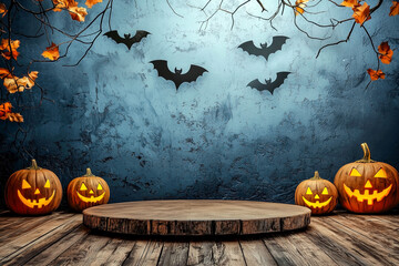 Circle podium decoration with scene halloween themes. haloween background  Stage showcase