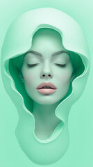 Face of woman in turquoise capsule.