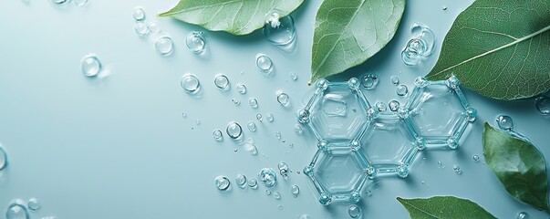 Light blue background with transparent water molecules and fresh green leaves symbolizing nature and science