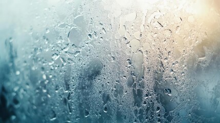 Close-up of condensation on a glass surface, showcasing intricate water droplets and soft light reflections.