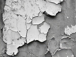 Obraz premium Close-up view of peeling paint on a wall, showcasing texture and layers of decay in monochrome tones.