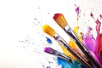 Obraz premium Close-up of a watercolor brush and paint set on a canvas, showcasing the artist's tools for creative expression