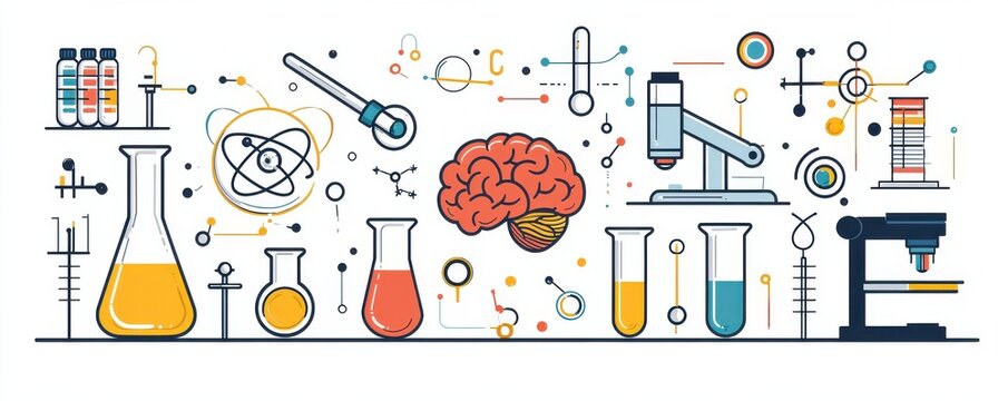  flat icon of science with colorful shapes including test tubes, microscope, and atomic symbols illustrating scientific research and innovation