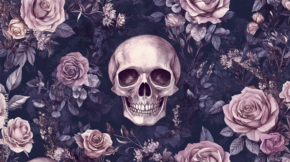 Poster A Human Skull Surrounded by Delicate Pink Roses and Leaves