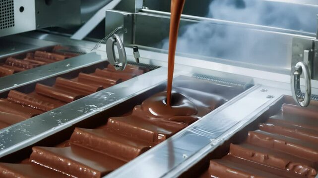 Experience the intricate process of chocolate bar production as smooth liquid chocolate flows into molds in a modern factory setting. Discover how your favorite treat is made.
