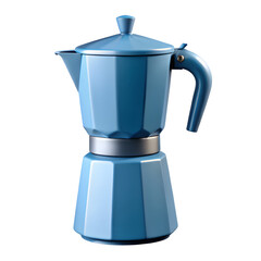 A blue stovetop espresso maker isolated on a transparent or white background.