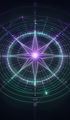 A holographic nautical compass on top of glowing lines representing network communication with sparkles of light in green and purple tones