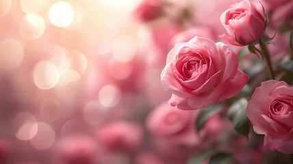 Delicate pink roses bloom in soft focus, creating a romantic and dreamy atmosphere with warm bokeh background.