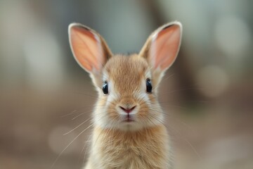 Obraz premium Close-up of an adorable brown rabbit with large ears and whiskers, gazing into the camera in a natural setting.