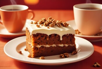 A slice of moist carrot cake with cream cheese frosting, topped with chopped walnuts, served on a white plate