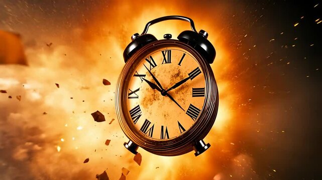 A vintage clock dramatically explodes, filling the scene with flames and debris. The destruction suggests urgency and the passage of time amidst chaos. The fiery backdrop adds intensity to the event.