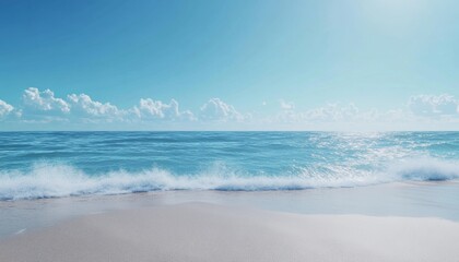 Fototapeta premium Tranquil Beach Scene with Blue Sky and Gentle Waves Lapping at the Sand