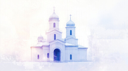 Fototapeta premium illustration of an Orthodox Church with an abstract background incorporating light shades of white, purple, and gray. The background should feature a mosaic style with geometric pa