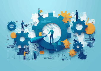 Collaborative Teamwork in Business Setting with Gear and Charts Elements on Abstract Minimalistic Background - Business Strategy and Project Management Concept, Flat Vector Illustration