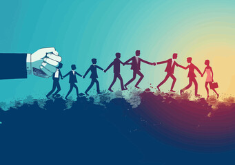 Obraz premium Business Teamwork Concept - Overcoming Obstacles Together Hand in Hand at Sunrise. Minimalistic Vector Illustration Showing Unity and Collaboration