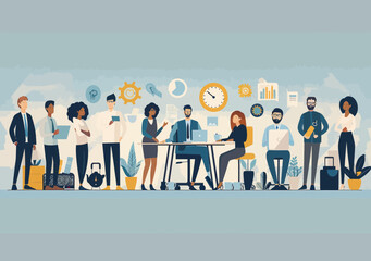 Diverse Business Team Collaboration in Modern Office Setting, Vector Illustration of Professionals Working Together with Charts and Clocks, Wide Format Design for Workshop or Meeting Concept