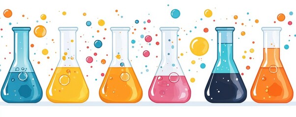 Colorful clip art of beakers and test tubes with vibrant liquid and floating bubbles illustrating chemistry and science concepts