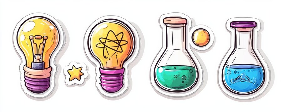 Colorful science and laboratory themed stickers featuring light bulbs and laboratory flasks for school projects