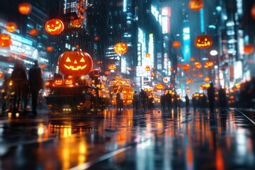 Obraz premium Futuristic Cyberpunk Halloween Parade with Digital Floats in a Metropolis
