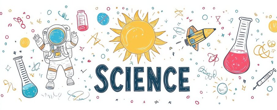 Colorful science concept illustration with bold lettering and cartoon elements like astronaut, sun, and lab equipment