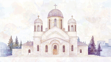 Fototapeta premium illustration of an Orthodox Church set against an abstract background featuring mosaic-style patterns. Use light colors like white, purple, and gray to create a serene and sophisti