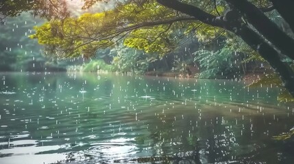 Fototapeta premium A tranquil water body dotted with lush foliage and adorned with countless glistening droplets, enchanting all who behold its serene majesty