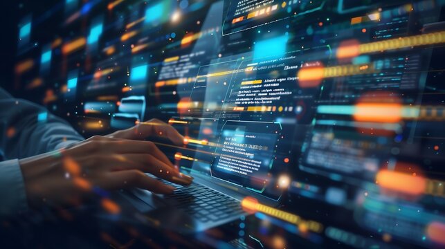 Close up of programmer hands typing code on laptop with abstract data streaming on screen