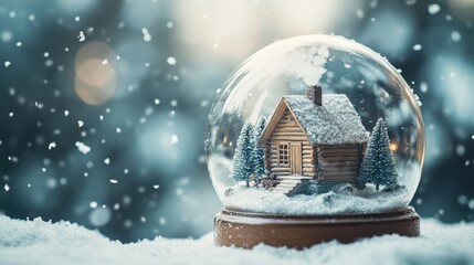 Scène de cabane en bois et sapins dans une boule à neige enneigée