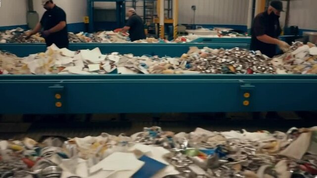 Waste Management Facility: Conveyor Belts and Workers Handling Trash