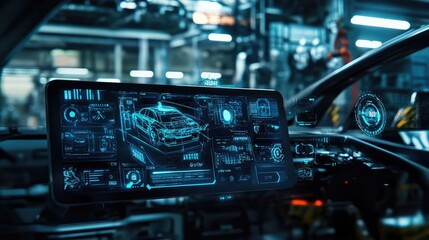 Obraz premium EV technology interface, futuristic dashboard design for electric vehicles, showing digital controls, energy management, and smart interface features. AI generated illustration.