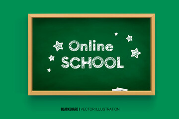 Back to school. online learning. Chalk inscription on a blackboard. Chalkboard 3D. Realistic black boards in a wooden frame isolated on a color background. Background for school