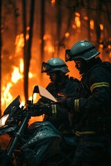 Fototapeta premium Brave firefighters in helmets and black uniforms manage wildfire operations using a digital tablet near a blazing forest on a motorcycle
