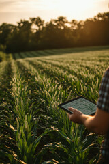 Tecnologia na campo. Produtor rural usando tablet na lavoura