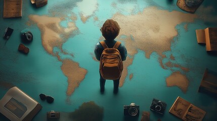 Child on floating book in map ocean surrounded by photography equipment, symbolizing adventure and d