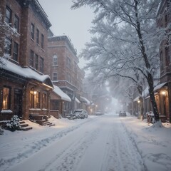 Snowy winter street scene with charming buildings and soft falling snow in a peaceful neighborhood