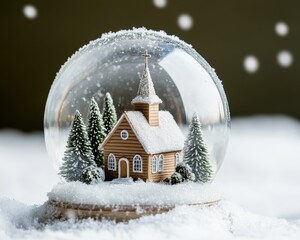 Petite église en bois sous la neige avec sapins dans une boule