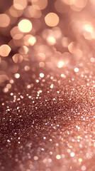 Abstract bokeh light background with glitter, copper and rose gold tones, festive and shimmering, soft focus, elegant blurred sparkles