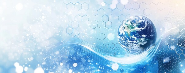  background featuring blue and white wavy lines with a digital image of Earth against a hexagonal pattern backdrop