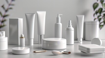 White realistic cosmetics product bottles, tubes, and plastic containers. Product placement mock-up