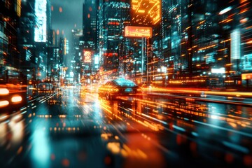 Obraz premium Glitch in the System - Cyberpunk Ghost Haunting a Futuristic Cityscape with Digital Projections and Eerie Lights