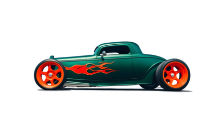 Beautiful unique teal vintage hot rod car with orange fire, automotive background, tuning template, isolated on transparent background	